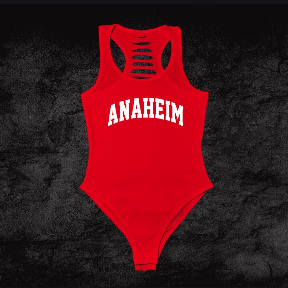 Womens Red Anaheim Baseball Racer Back bodysuit outfit